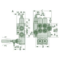 Distributore 40 l/min 1 Leva doppio effetto (A-B chiuso / ritorno a molla / continuazione di pressione in linea)