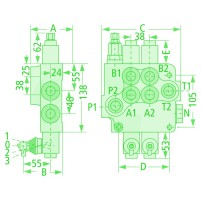 Distributore 80 l/min 1 Leva semplice effetto (A chiuso / ritorno a molla / continuazione di pressione in linea)