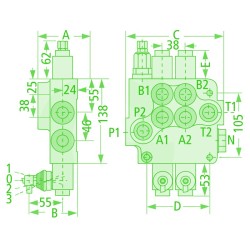 Distributore 80 l/min  2 Leve semplice effetto (A chiuso / ritorno a molla / continuazione di pressione in linea)