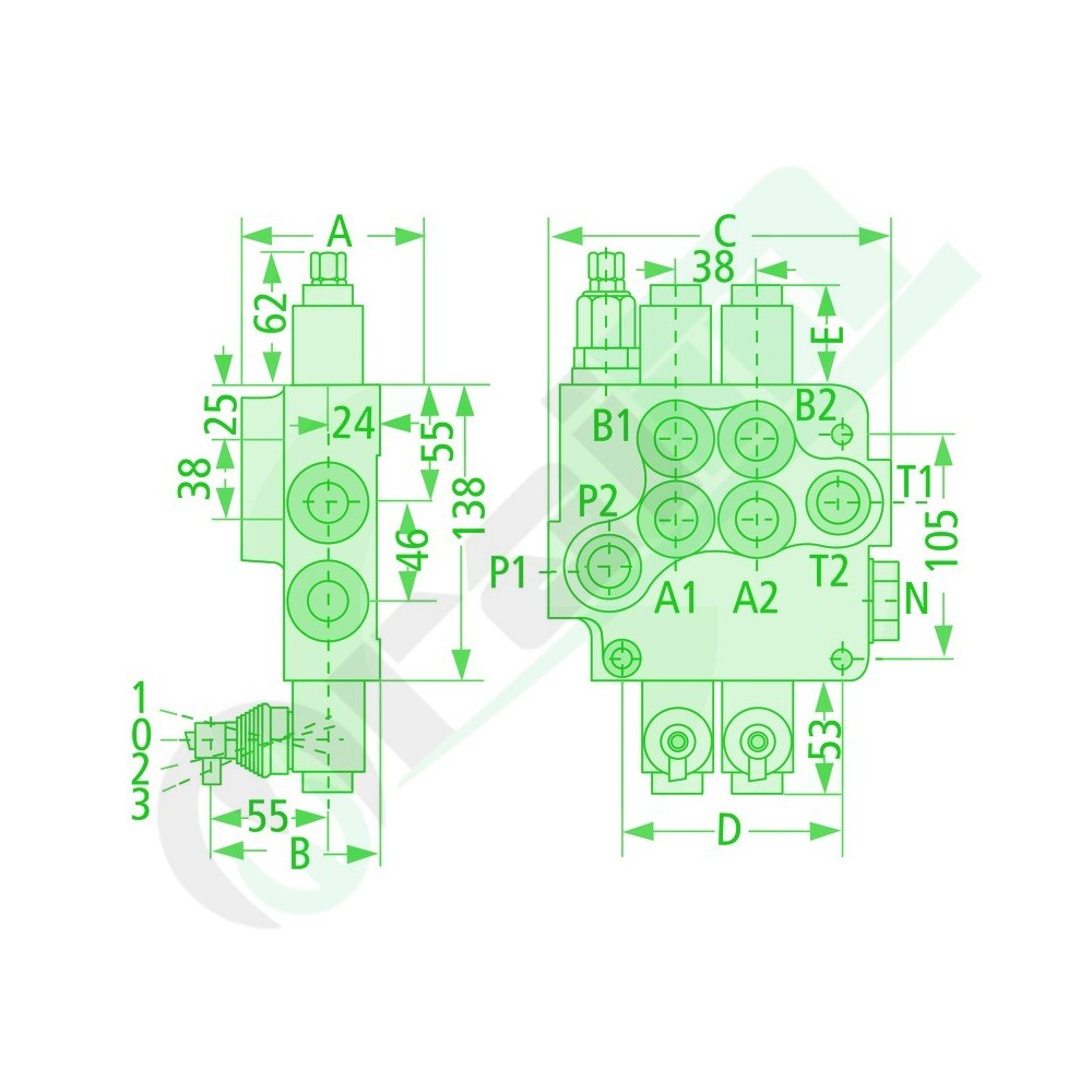 Distributore 80 l/min 2 Leve doppio effetto, 1 Leva Semplice Effetto (A,A-B chiuso / ritorno a molla)