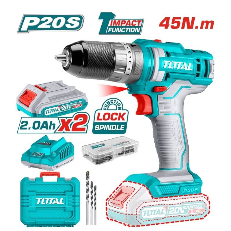 TIDLI201452E Trapano Avvitatore a Percussione 20V TOTAL Con 2 Batterie da 2.0 Ah
