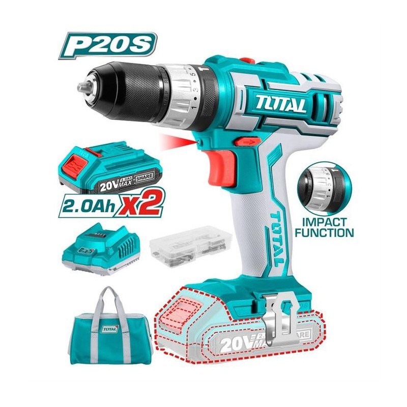 TIDLI2002E Trapano Avvitatore 20V con 2 Batterie e 50 Accessori TOTAL