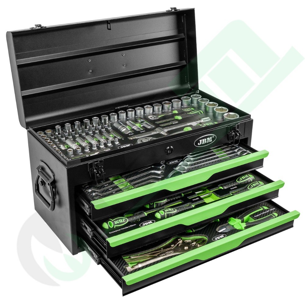 143-Piece Metal Tool Box Set with 1/4" and 1/2" Sockets Chrome Vanadium Steel