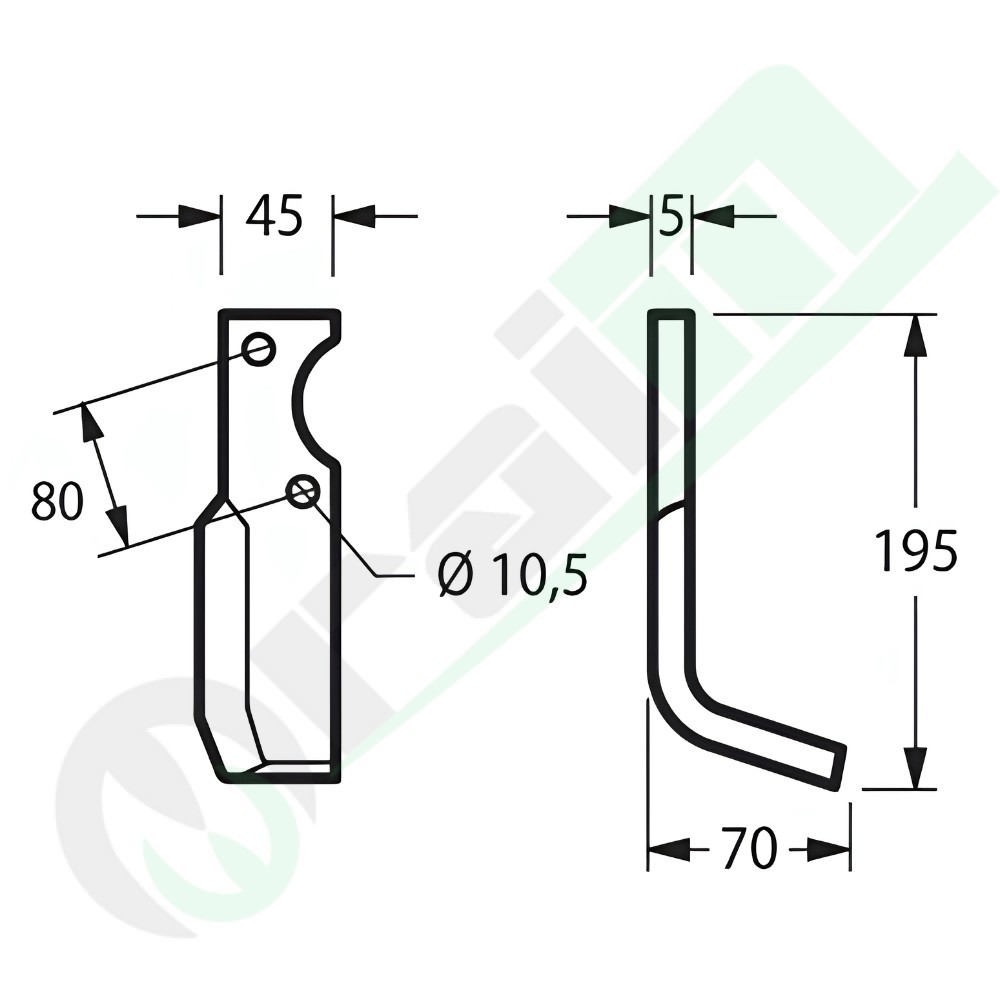 Right Curved Tiller Blade 45x5 mm for Barbieri MCG/10 Goldoni 21 Ref OEM 00008834 00008833 - 55172