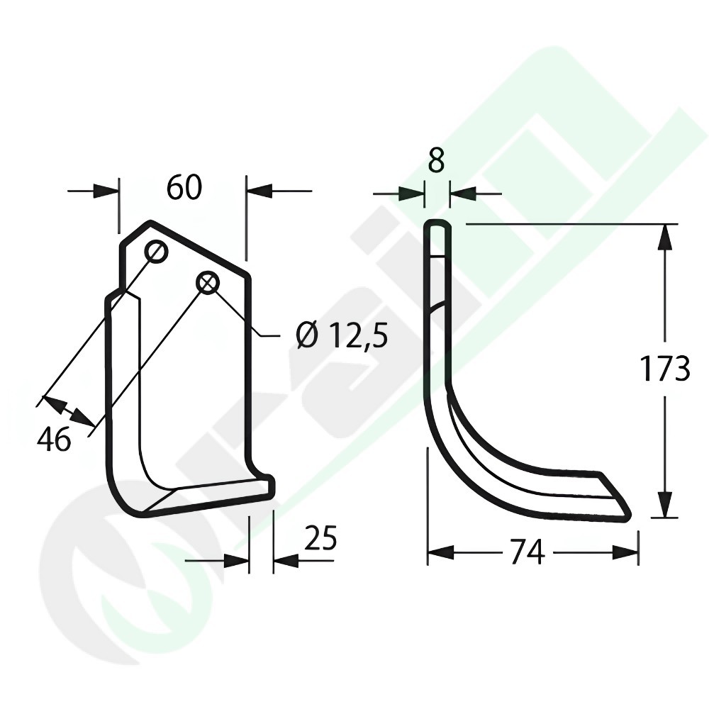 Right Curved Tiller Blade 60x8 mm for BCS Rotary Tiller 745 Sicilia Ref OEM 58048460 - 56953